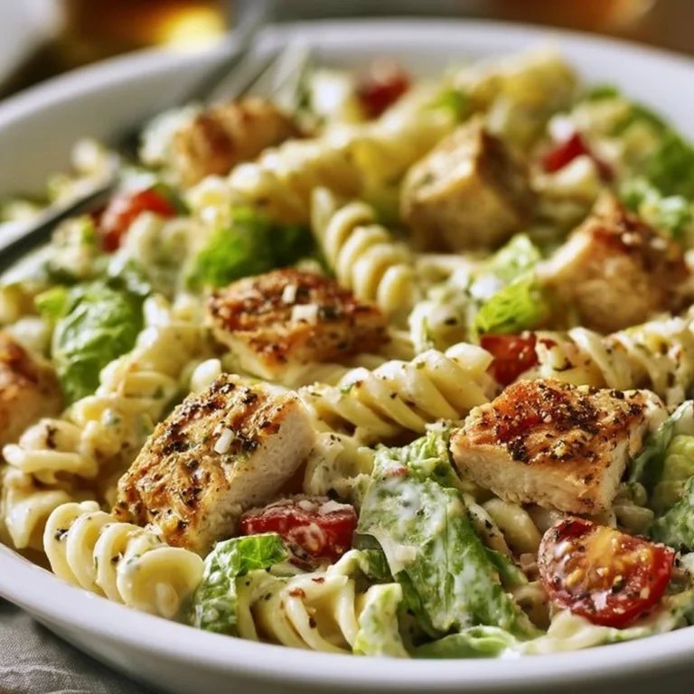 Easy Chicken Caesar Pasta Salad with grilled chicken and romaine lettuce.