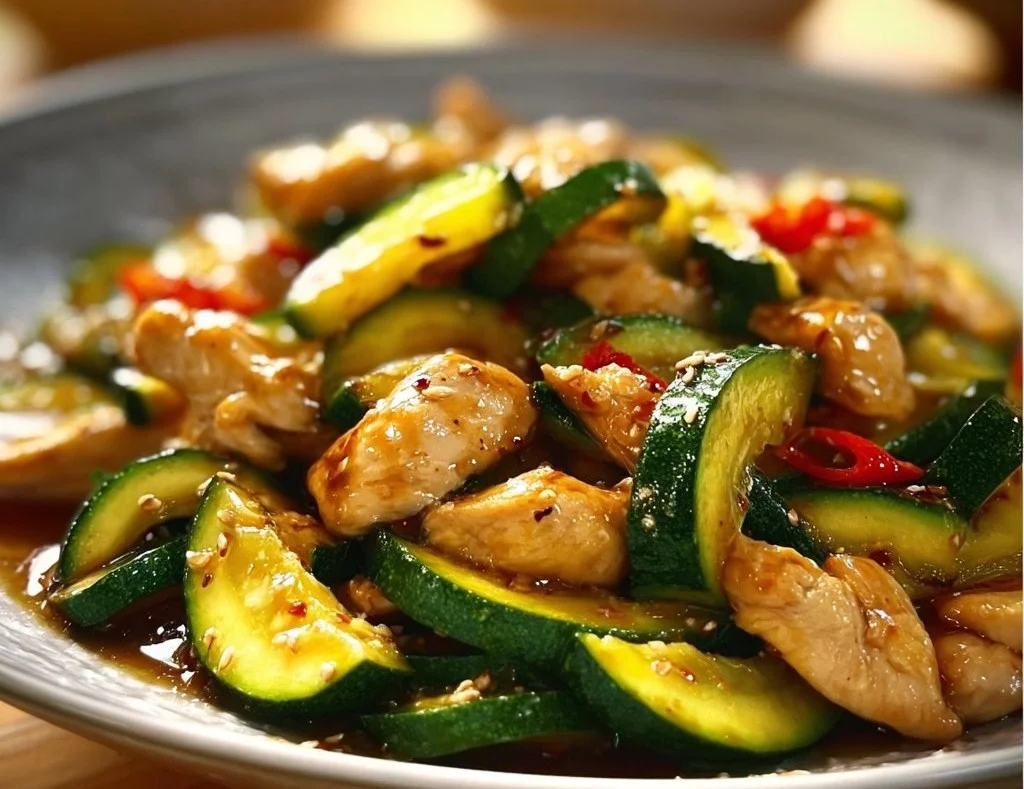 Delicious chicken zucchini stir fry with colorful vegetables in a pan.