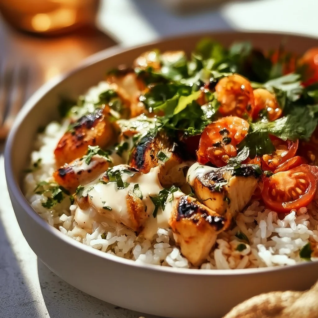 Easy coconut chicken rice bowl with fresh vegetables and herbs.