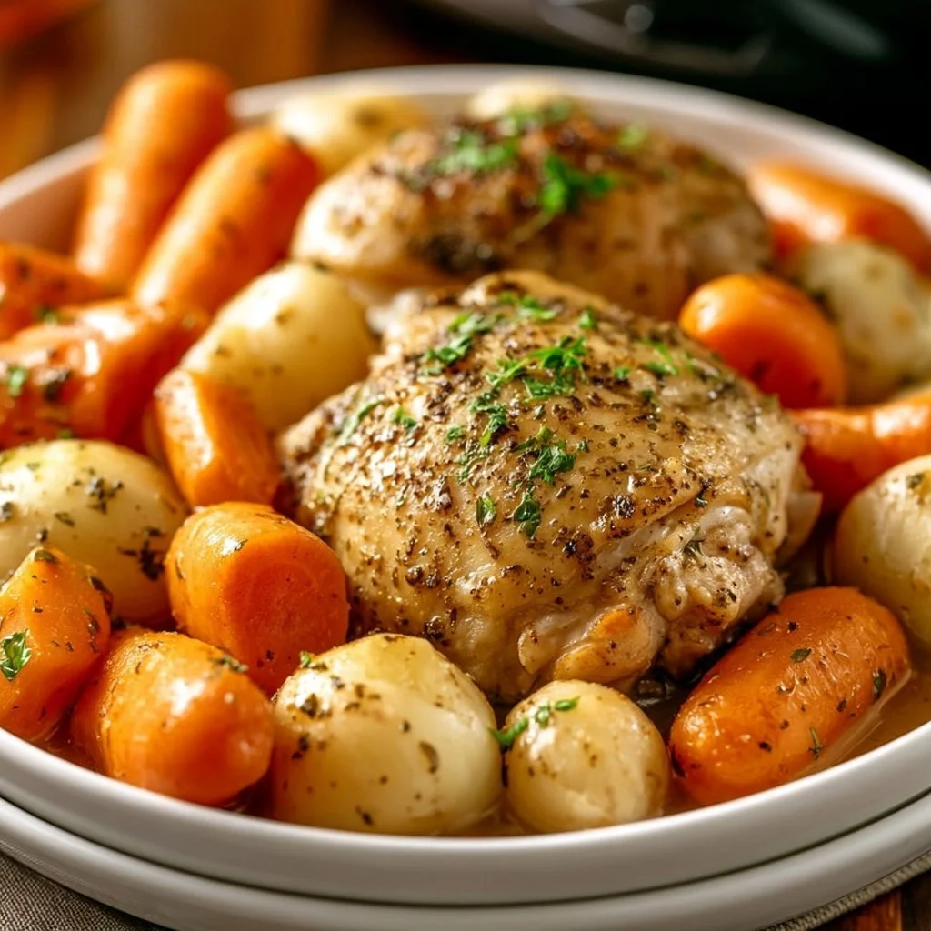 Crockpot garlic herb chicken with vegetables in a cozy setting