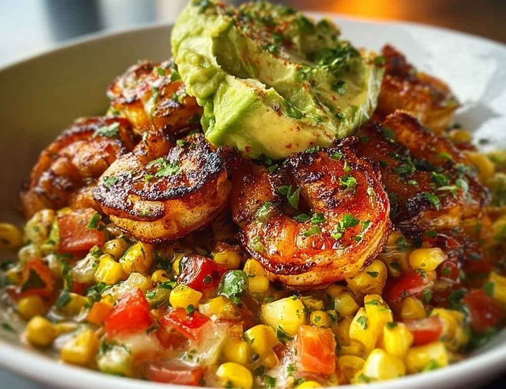 Easy grilled shrimp bowl with avocado and corn salsa