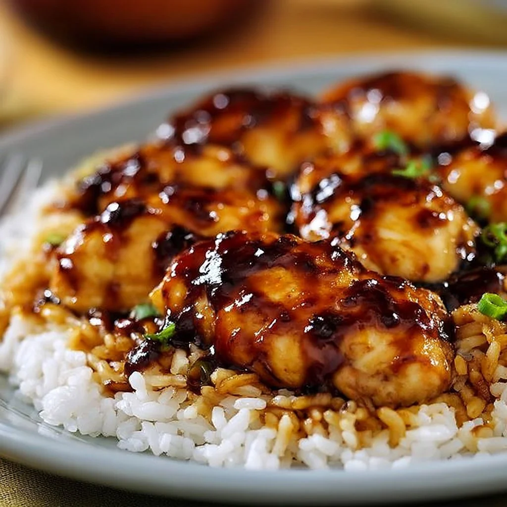 Delicious honey BBQ chicken served with rice, an easy weeknight dinner recipe.