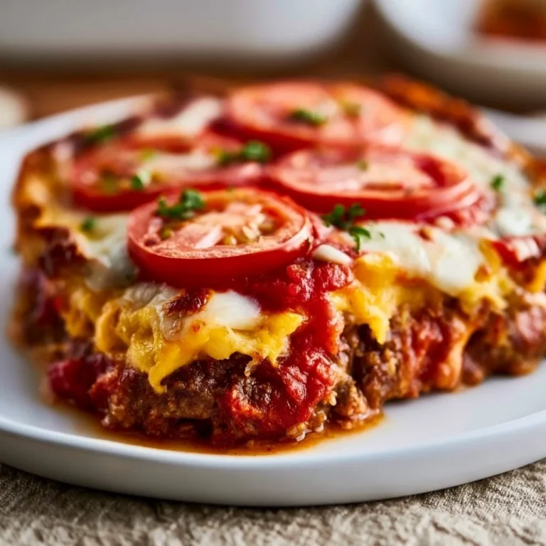 Easy low carb pizza casserole recipe topped with cheese and veggies