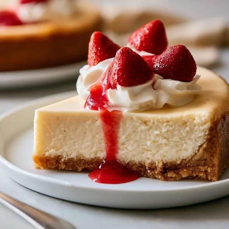 Slice of easy New York cheesecake on a white plate with a strawberry garnish