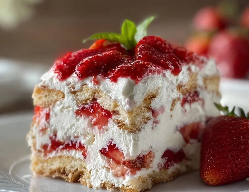 Delicious no-bake strawberry shortcake icebox cake with fresh strawberries