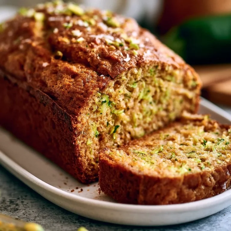A freshly baked loaf of easy one-bowl zucchini bread on a wooden table.