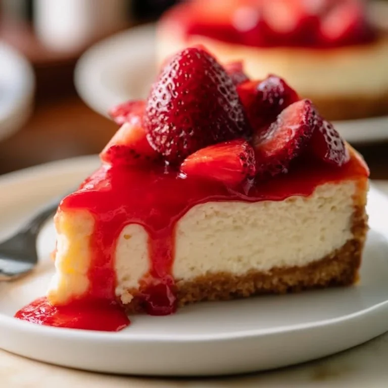 Easy homemade strawberry cheesecake topped with fresh strawberries
