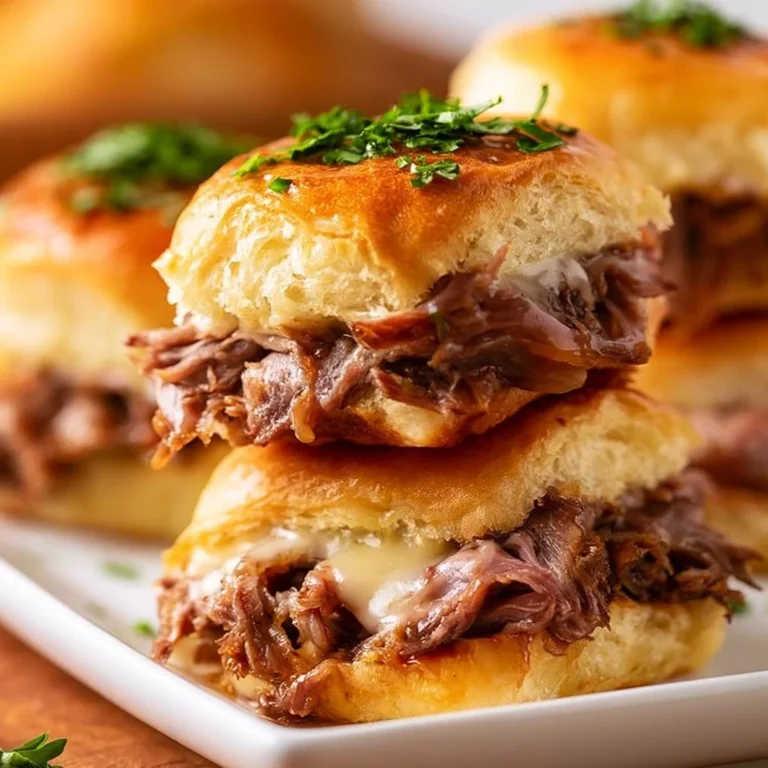 French Dip Sliders with tender beef and au jus served on soft rolls