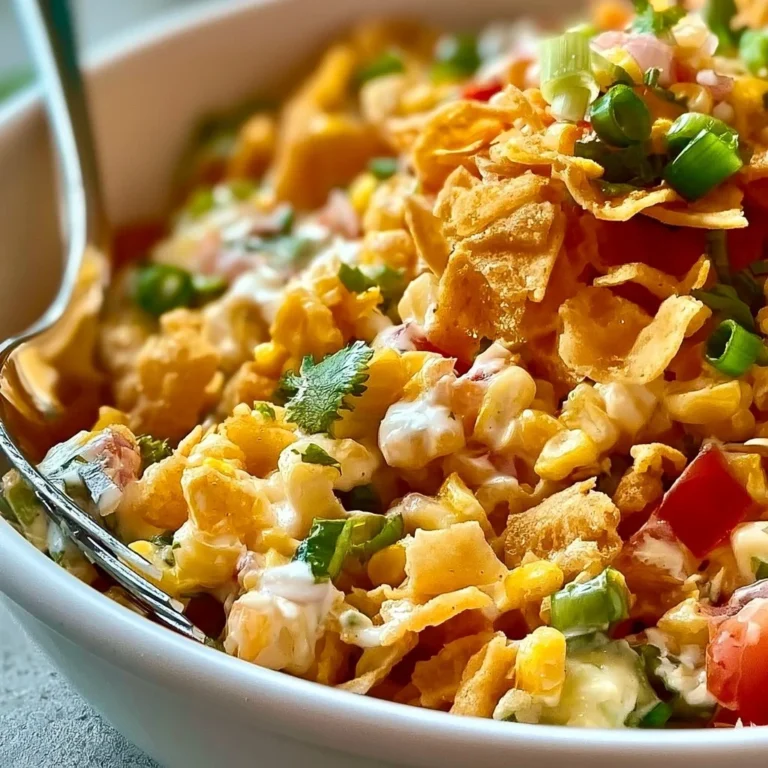 Serving of Frito Corn Salad with fresh corn, Fritos, and colorful vegetables