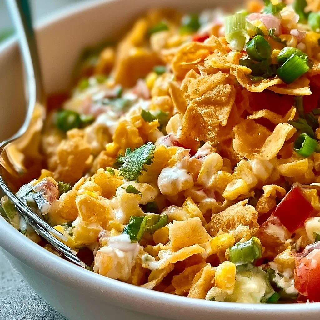 Serving of Frito Corn Salad with fresh corn, Fritos, and colorful vegetables