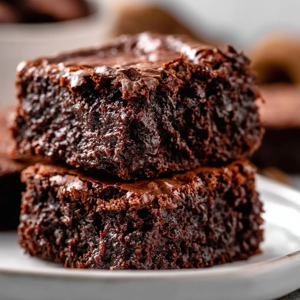 Fudgy homemade brownies topped with chocolate ganache and nuts on a wooden table