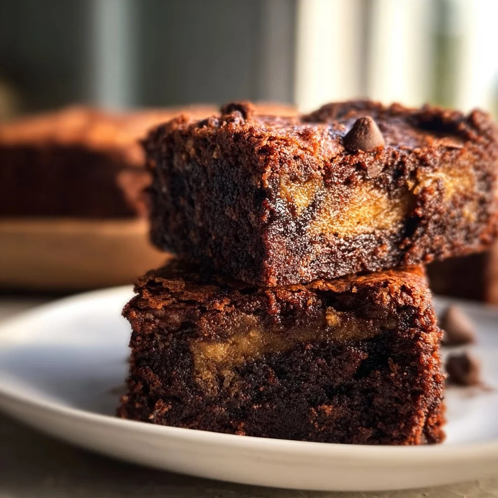 Fudgy banana bread brownies topped with chocolate chips on a wooden cutting board