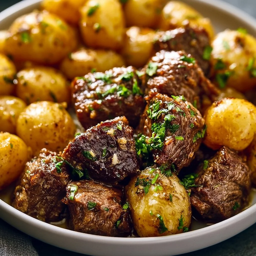 Garlic butter beef bites served with potatoes, garnished with herbs.
