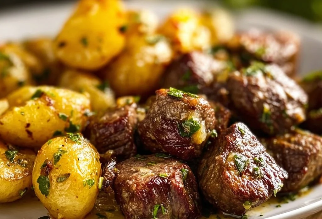 Garlic Butter Steak Bites on a plate with golden potatoes garnished