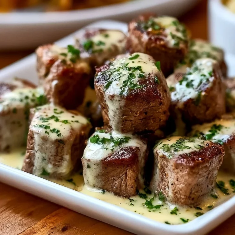 Garlic butter steak bites with rich Parmesan cream sauce on a plate