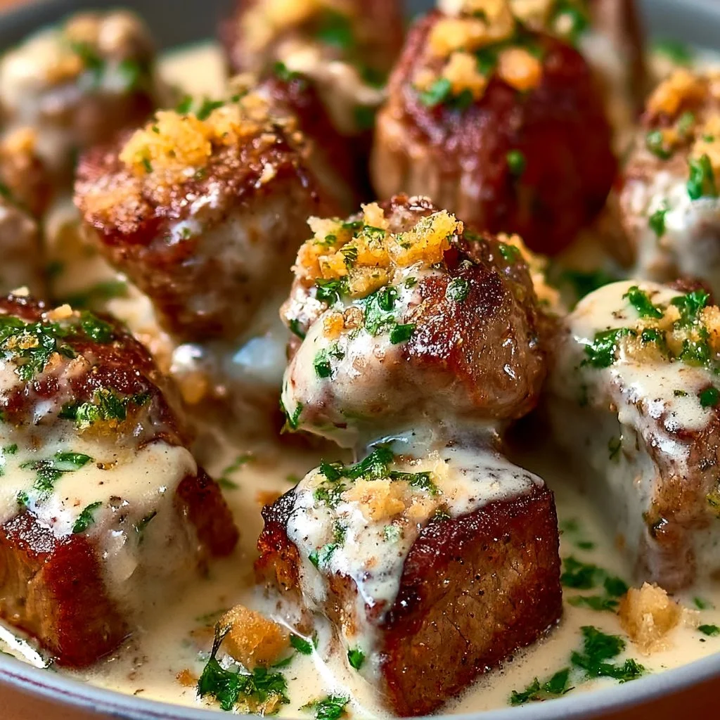 Garlic Butter Steak Bites with Parmesan Cream Sauce