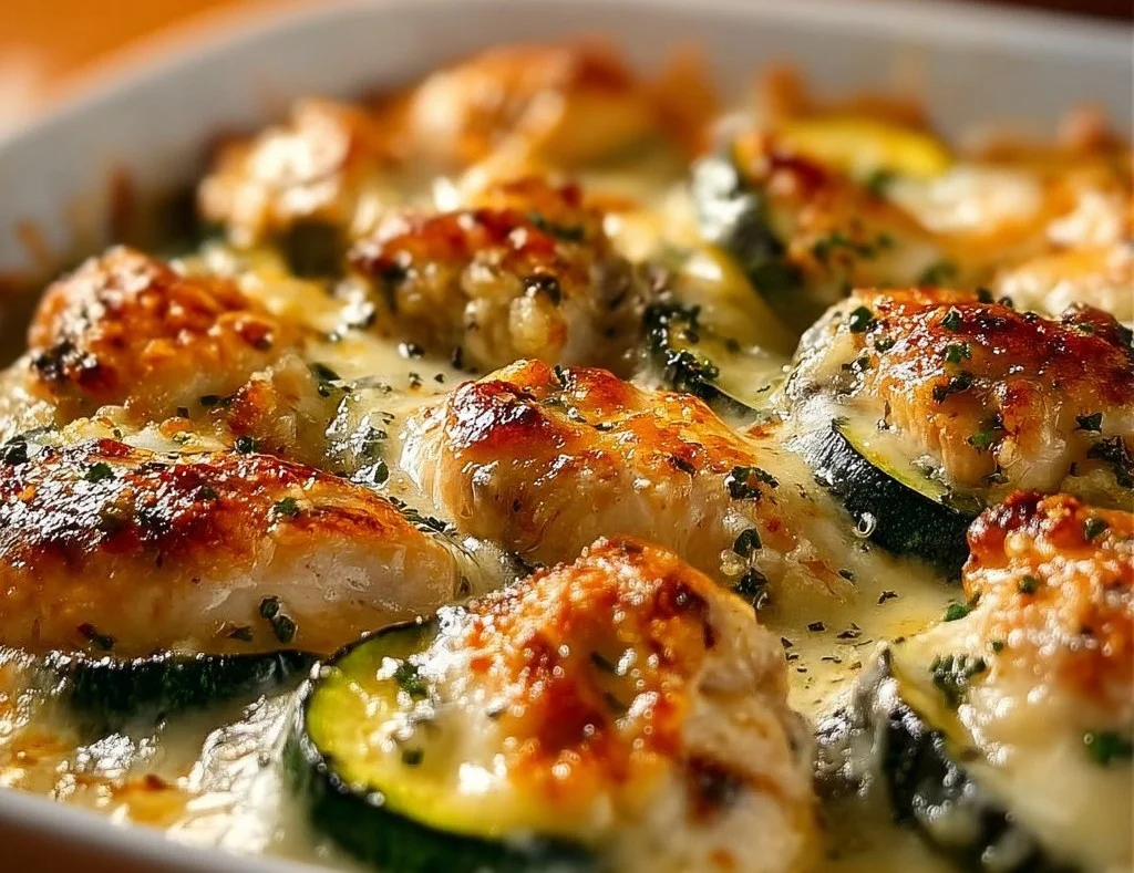 Garlic Chicken Zucchini Bake dish served in a white bowl.