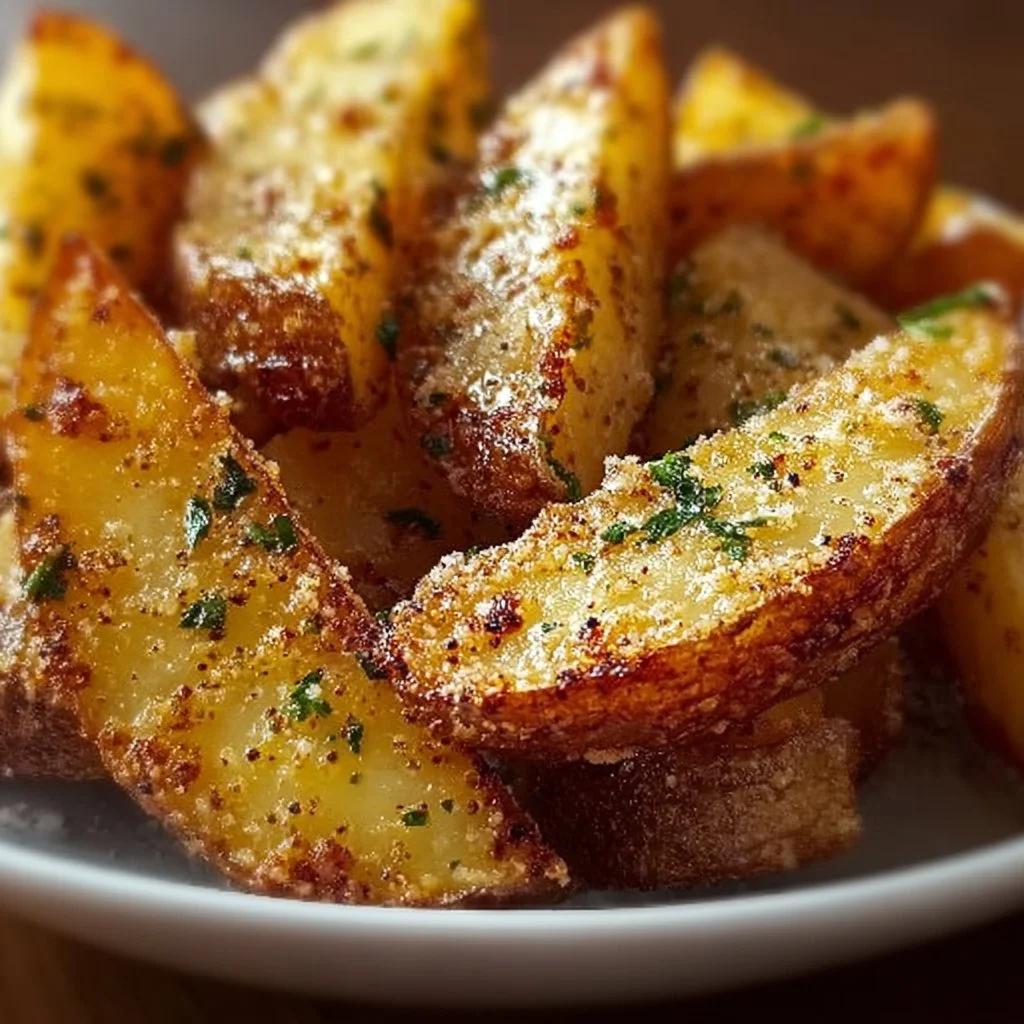 Crispy Garlic Parmesan Potato Wedges served in a bowl