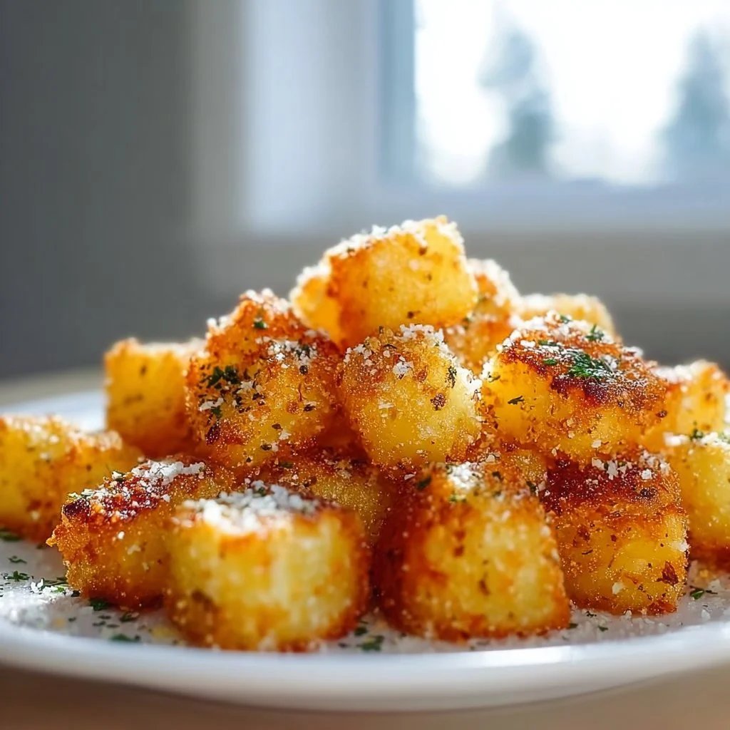 Golden Parmesan Crunch Potatoes served in a bowl with herbs