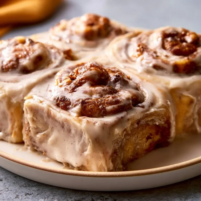 Gooey banana bread cinnamon rolls topped with creamy icing on a plate.