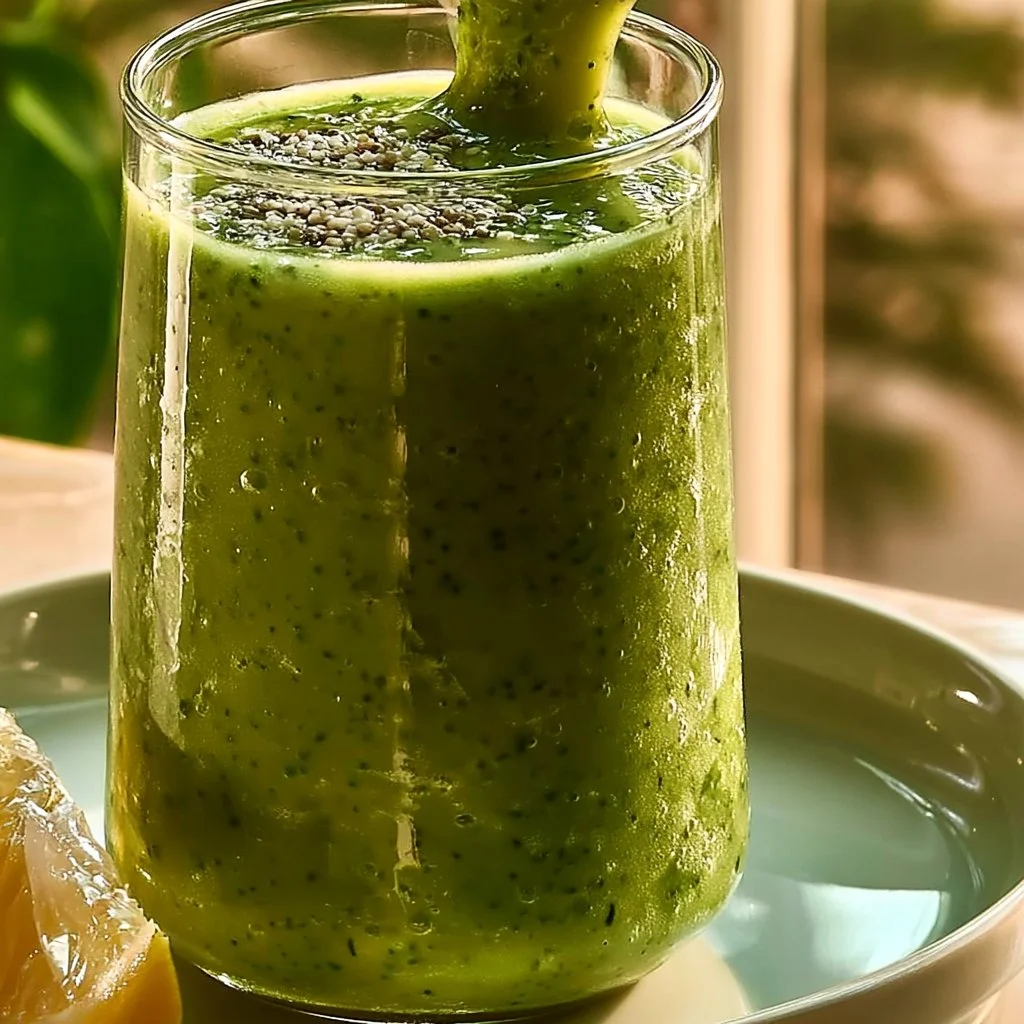 Green detox smoothie with spinach, kale, and banana in a glass.