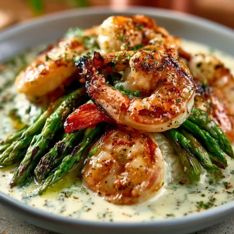 Grilled shrimp bowl with asparagus and creamy garlic sauce served in a bowl