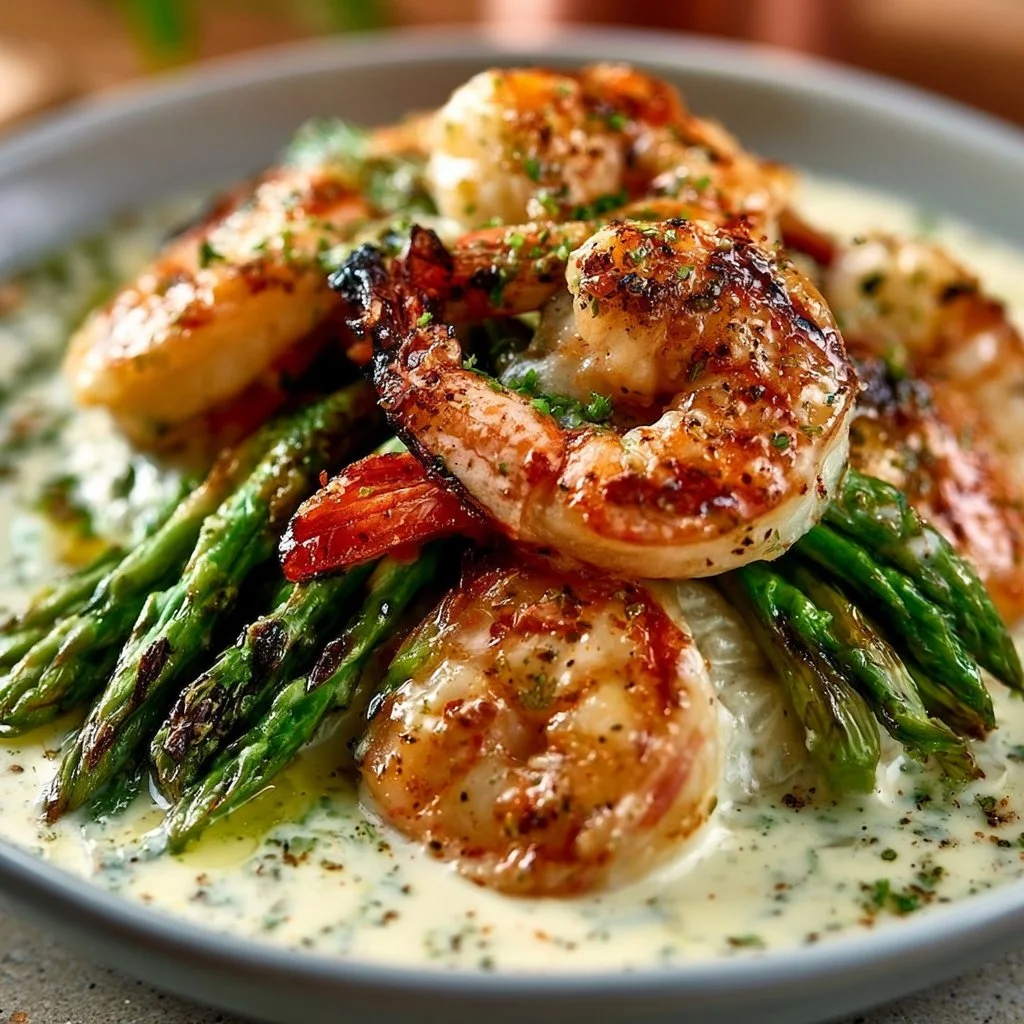 Grilled Shrimp Bowl with Asparagus & Creamy Garlic Sauce