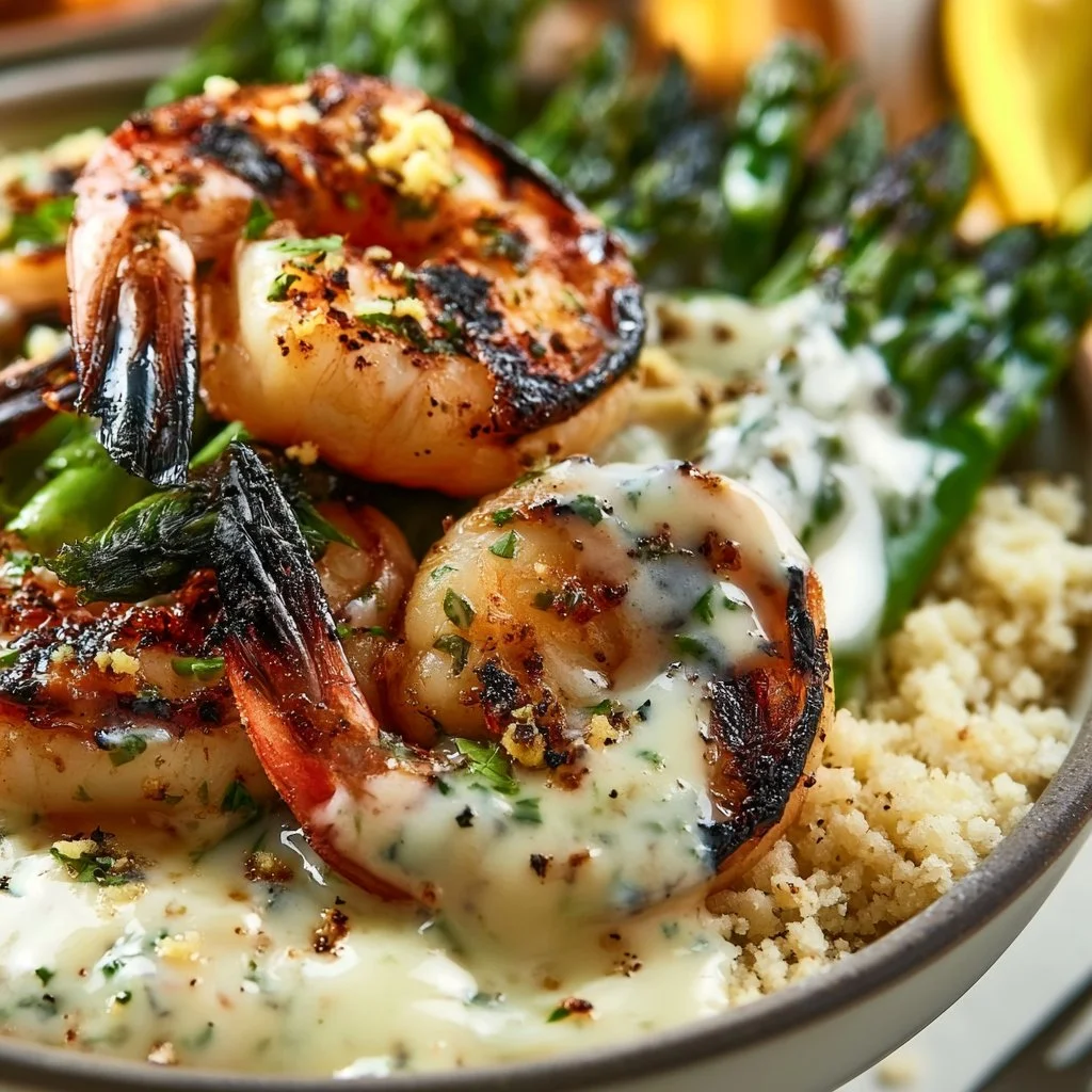 Grilled Shrimp Bowl with Asparagus & Creamy Garlic Sauce