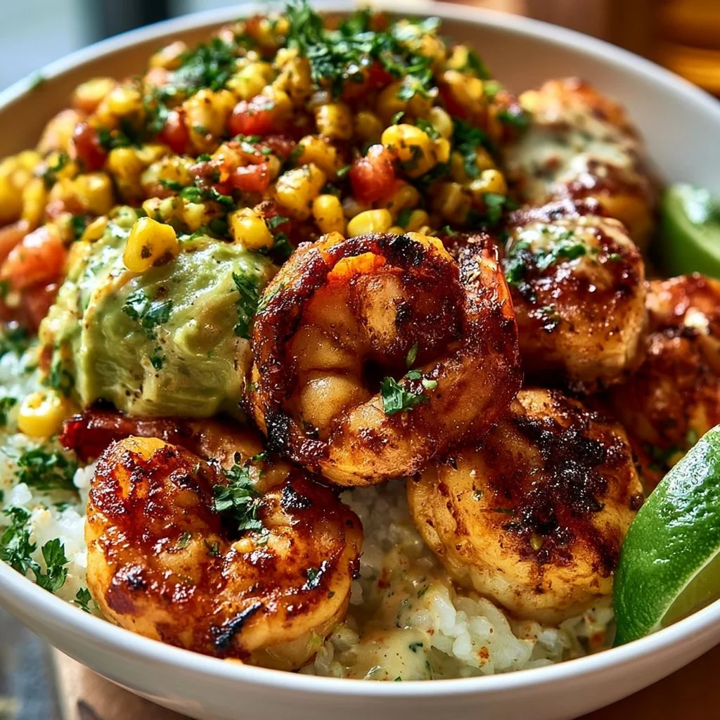 Grilled Shrimp Bowl with Avocado Corn Salsa & Creamy Garlic Sauce