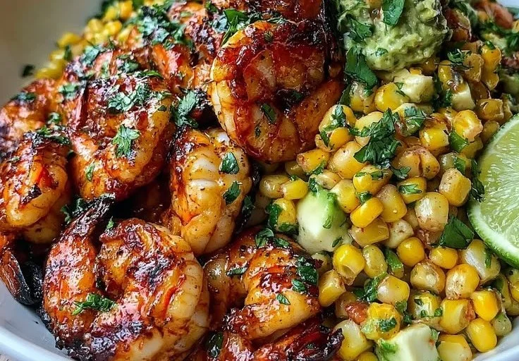 Grilled Shrimp Bowl with Avocado Corn Salsa & Creamy Garlic Sauce