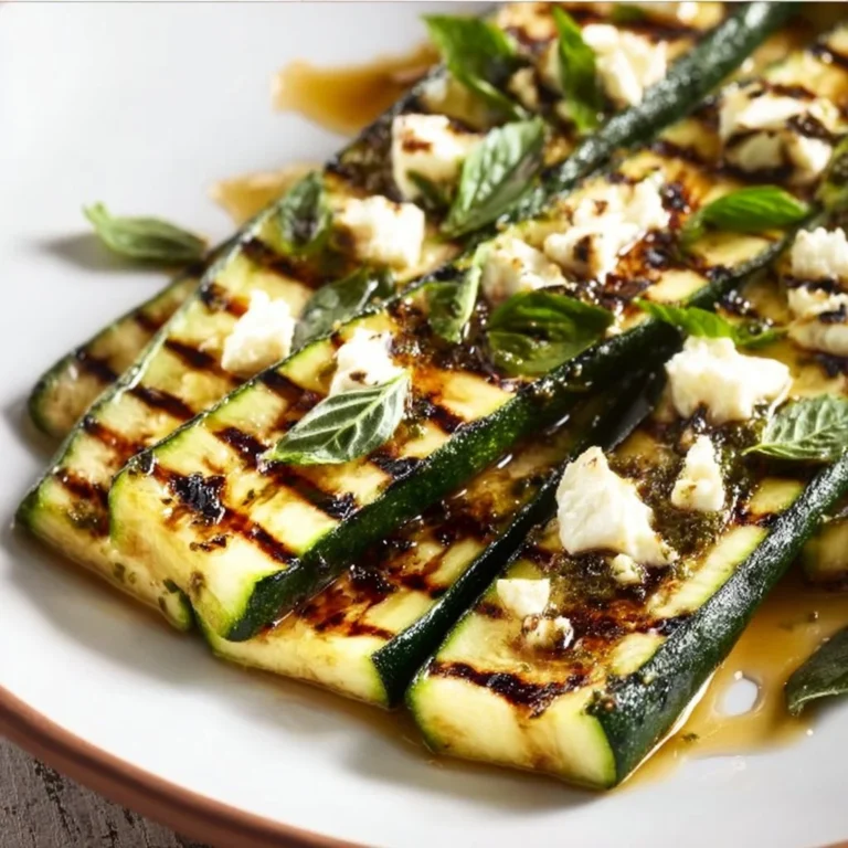 Grilled zucchini topped with goat cheese, fresh basil, and drizzled with honey