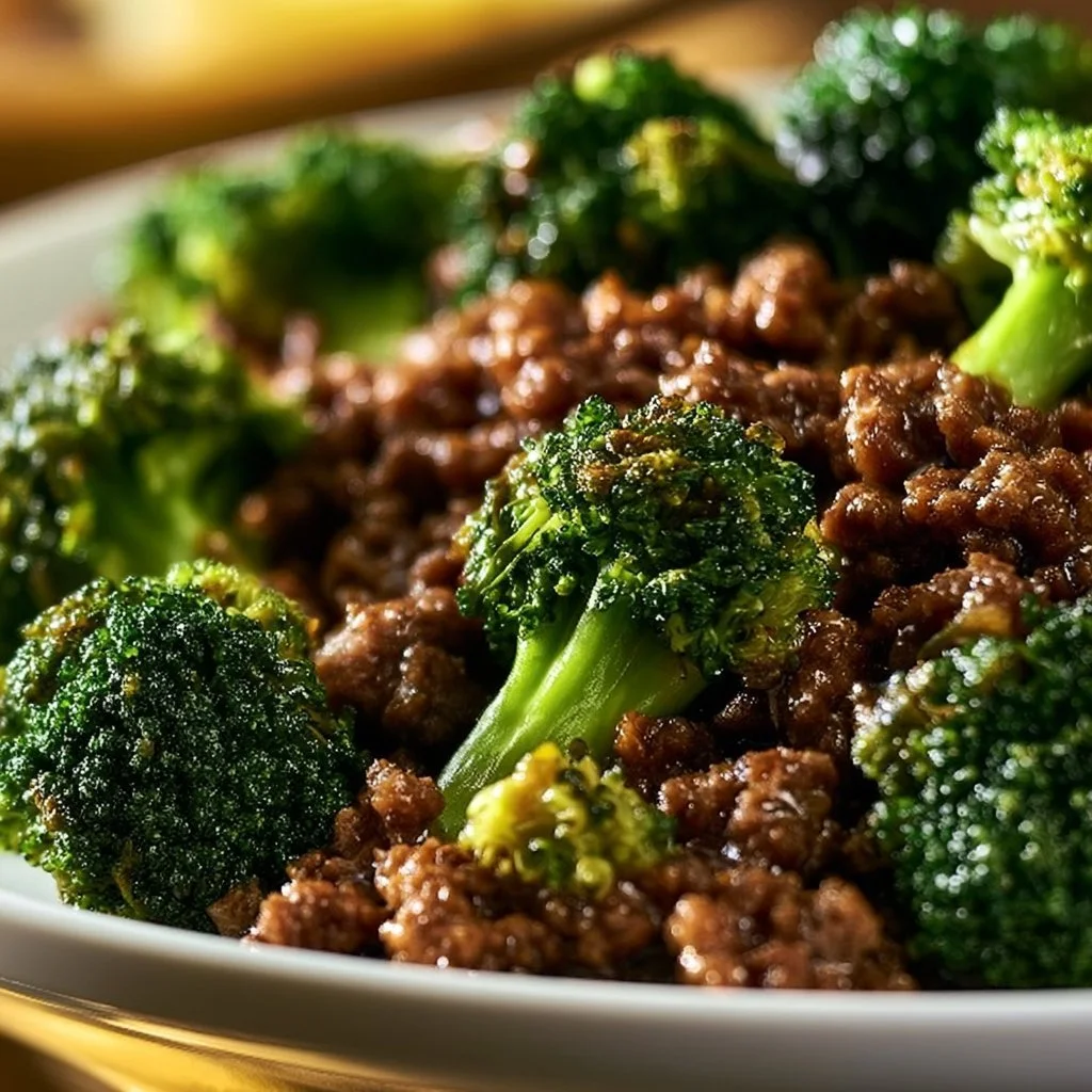 Ground beef and broccoli stir-fry served on a plate.
