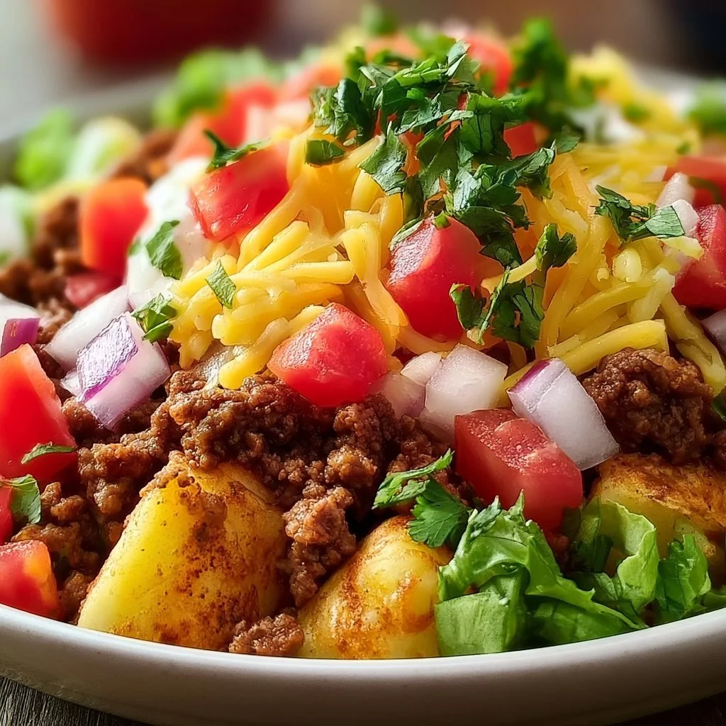 Delicious Ground Beef and Potato Taco Bowl served in a colorful dish