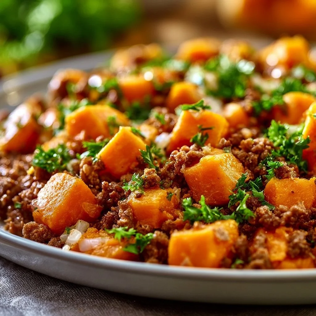 Ground beef and sweet potato skillet dish ready to serve