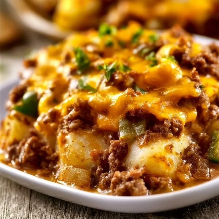 Ground Beef Potato Casserole topped with melted cheese and herbs in a baking dish