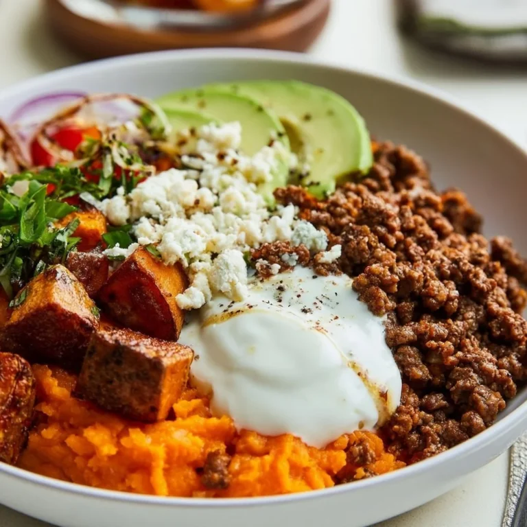 Ground Beef Sweet Potato Bowl topped with hot honey for a flavorful meal