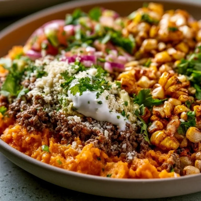 Ground Beef Sweet Potato Bowl with Mexican Street Corn served on a plate