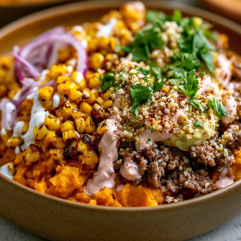 Ground Beef Sweet Potato Bowl with Mexican Street Corn