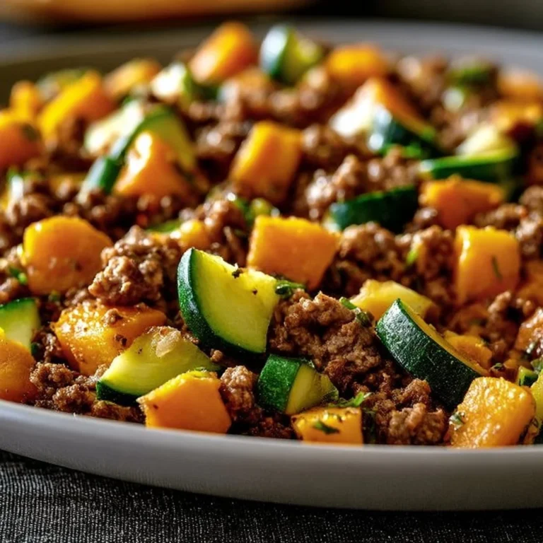 Beef skillet with ground beef, zucchini, and sweet potato in a frying pan