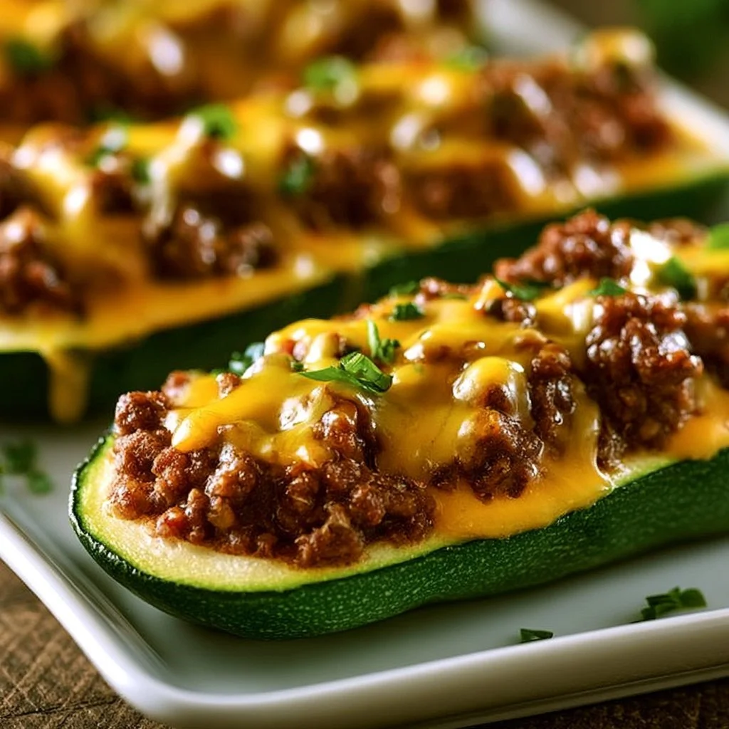 Stuffed zucchini boats filled with ground beef, cheese, and vegetables