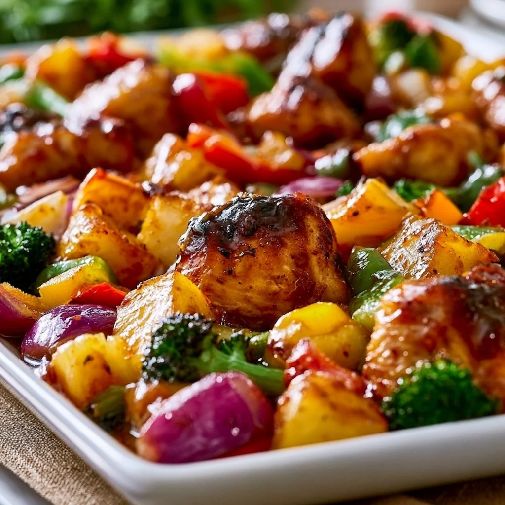 Hawaiian Chicken Sheet Pan with colorful vegetables and chicken ready to serve.