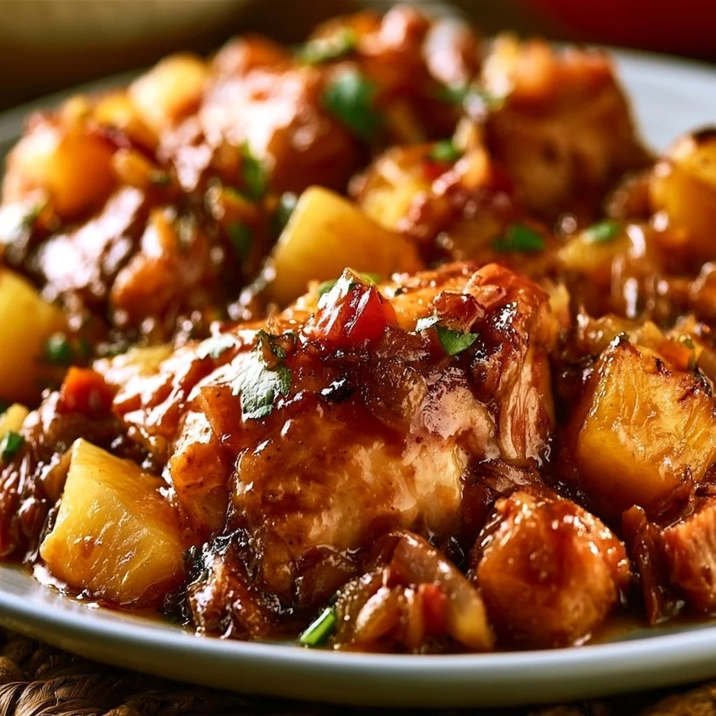 Delicious Hawaiian Crockpot Chicken with pineapple and spices in a bowl