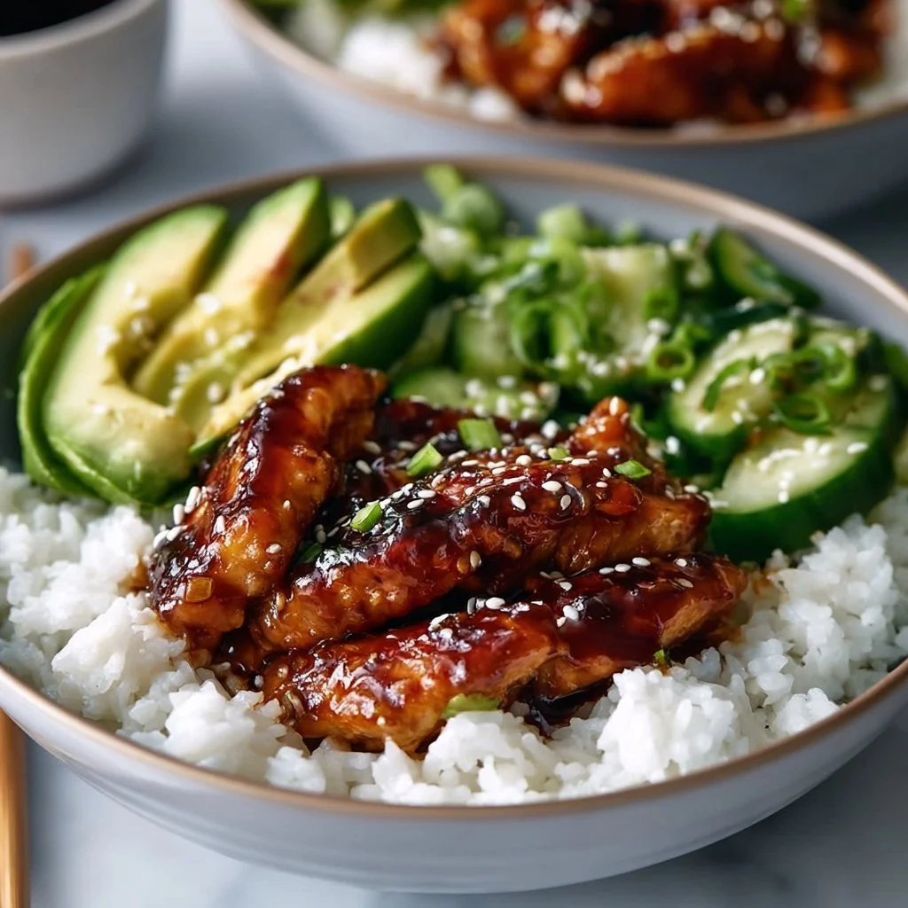 Healthy Sticky Chicken Bowl with colorful veggies and rice.