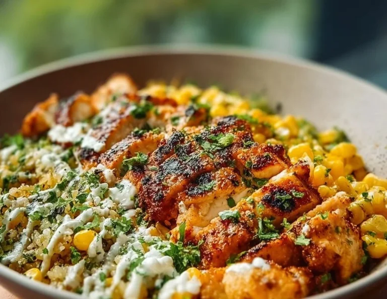 Healthy Street Corn Chicken Bowl with grilled chicken and fresh toppings