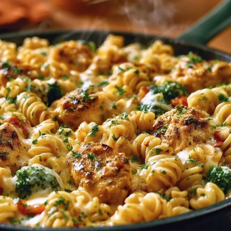 High protein cheesy Cajun garlic chicken rotini skillet dish