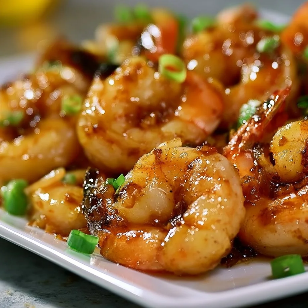 High protein honey garlic shrimp dish garnished with green onions