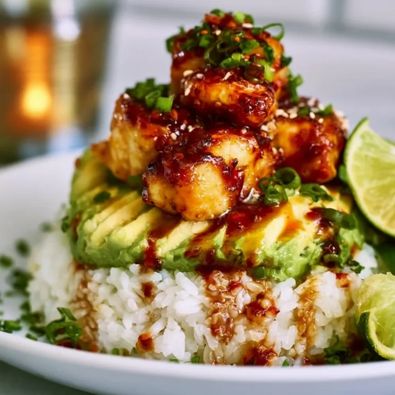 High-protein honey lime chicken avocado rice bowl topped with fresh ingredients