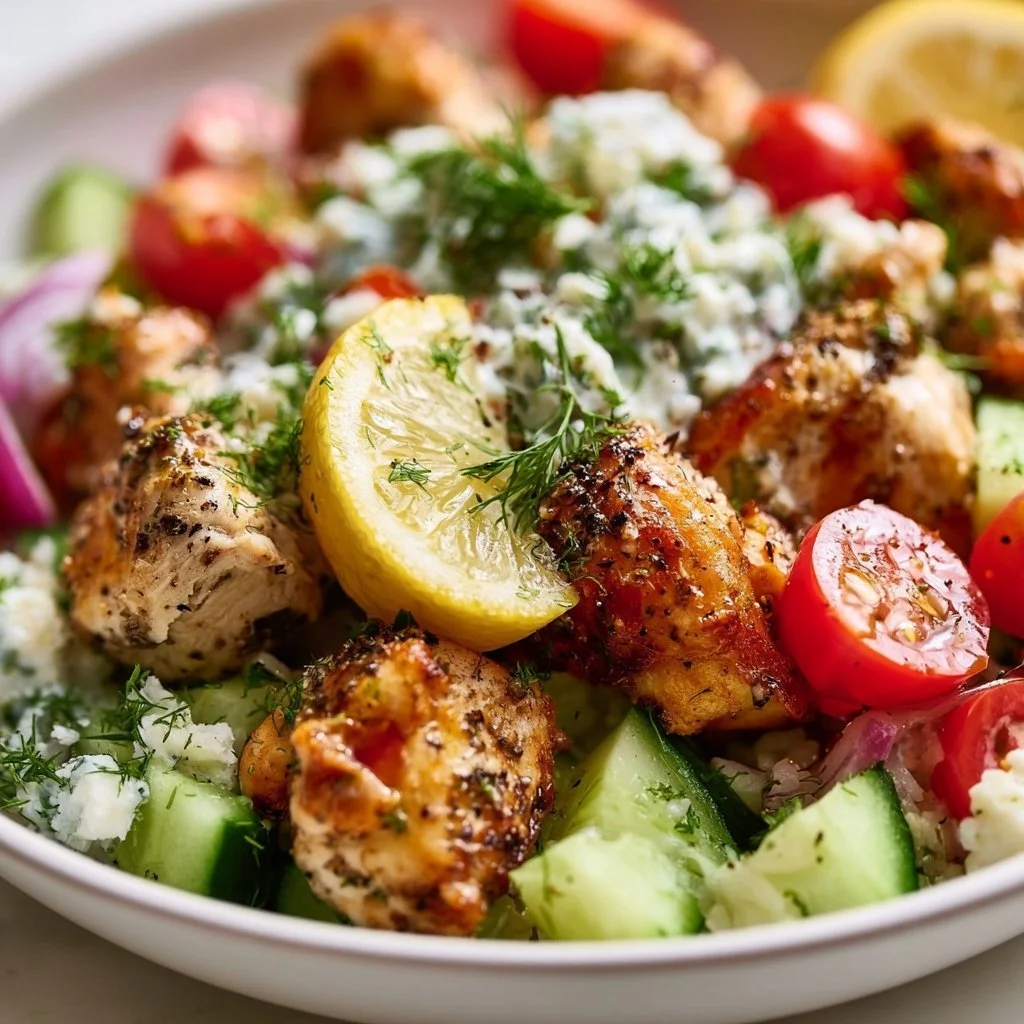 High protein Mediterranean lemon-dill chicken bowls with fresh veggies