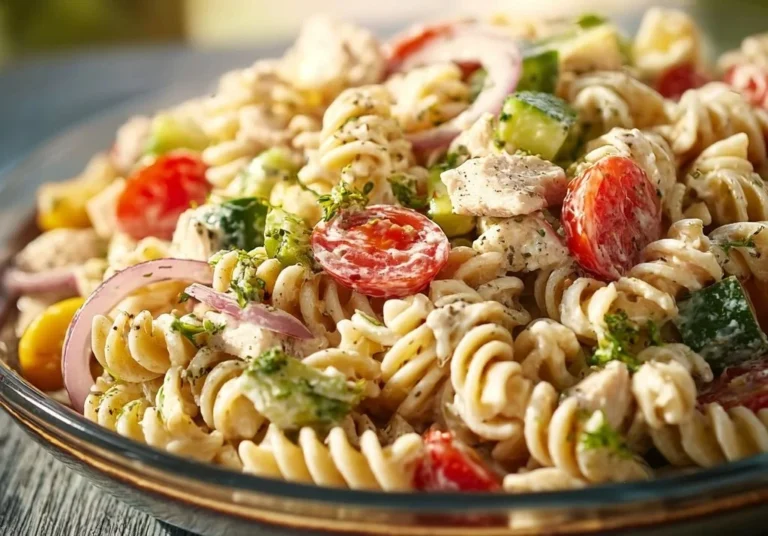 High-protein pasta salad with vegetables and dressing in a bowl