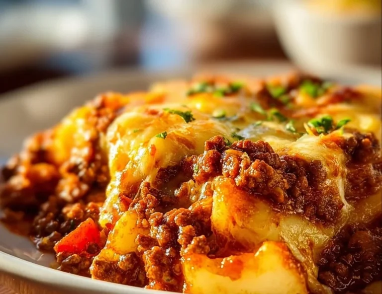 Delicious Hobo Casserole with Ground Beef and vegetables in a baking dish